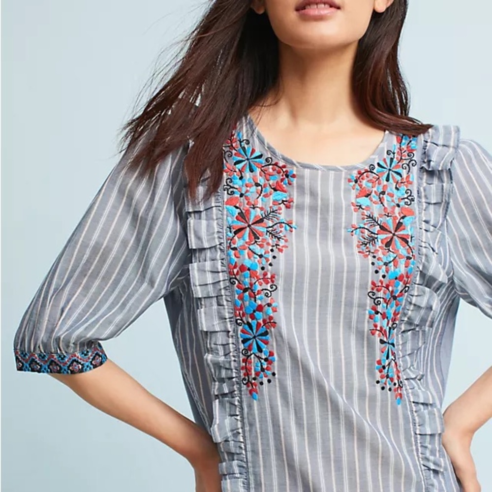 Gray Striped Embroidered Women's Top